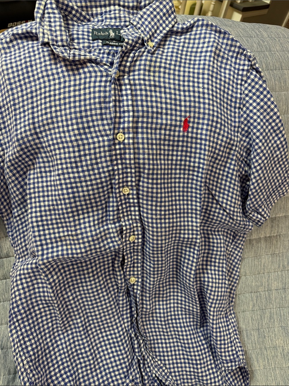 Ralph Lauren Men’s Navy and White Gingham Button-Down Shirt with Red Pony